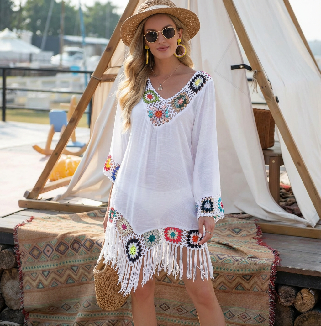 White Crochet Bikini Cover Up | Fringe Trim Tunic Beach Dress for Women