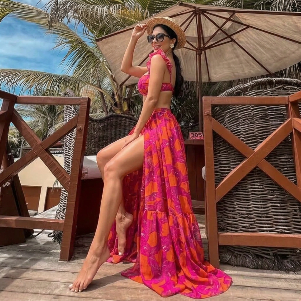 Women's Floral Ruffle Bikini Set | Push Up Swimsuit with Beach Skirt Cover Up