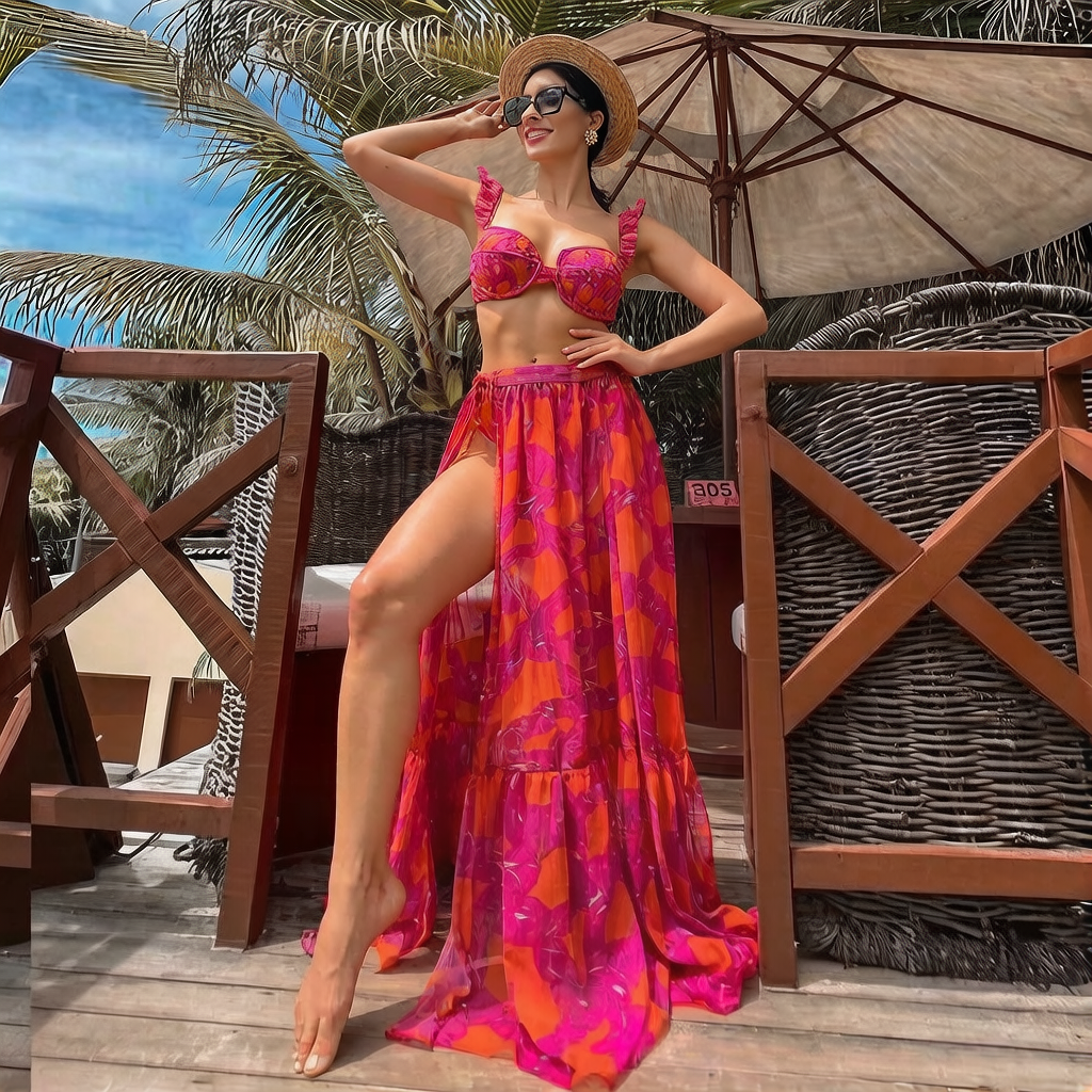Women's Floral Ruffle Bikini Set | Push Up Swimsuit with Beach Skirt Cover Up