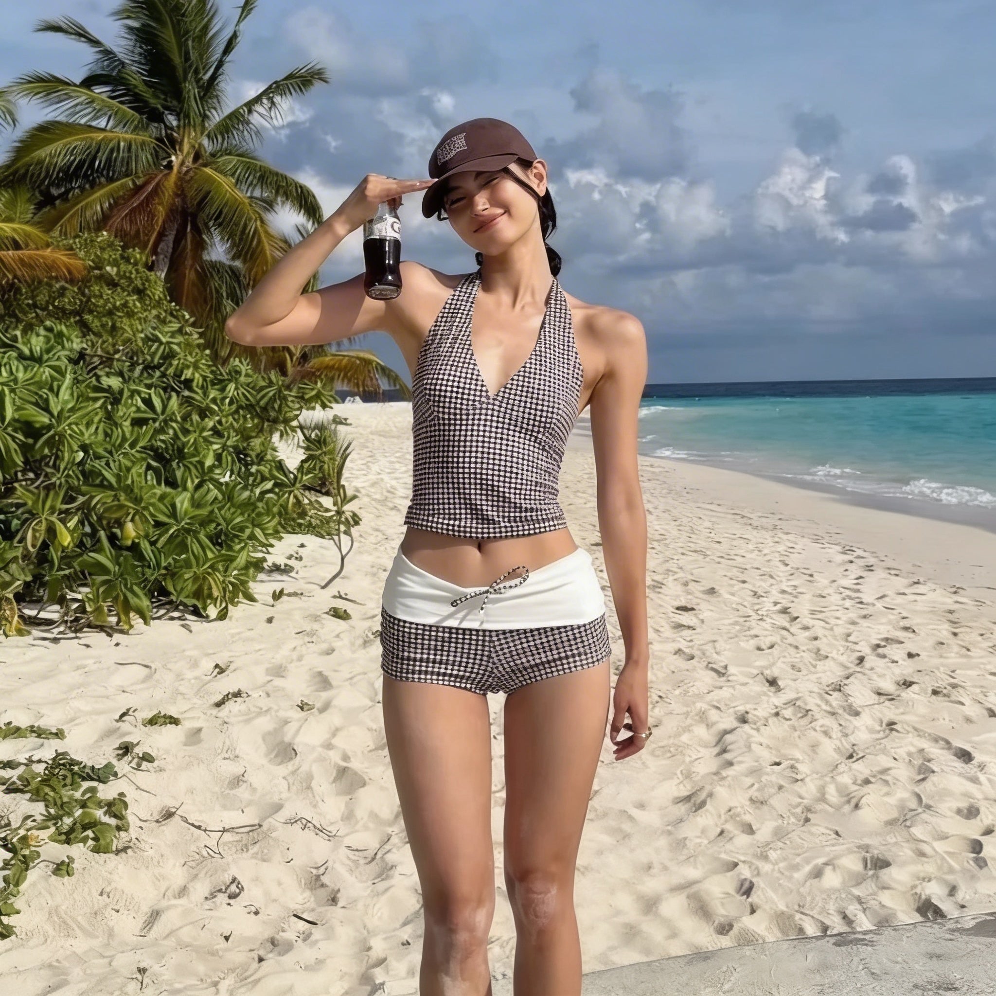 Women's Deep V Push Up Bikini Set | High Waist Checkered Two Piece Swimsuit