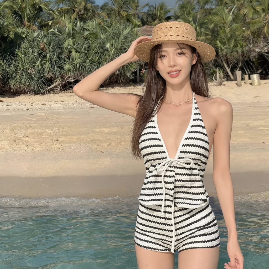 Women's Striped Knit Bikini Set | Halter Deep V Neck Two-Piece Swimsuit