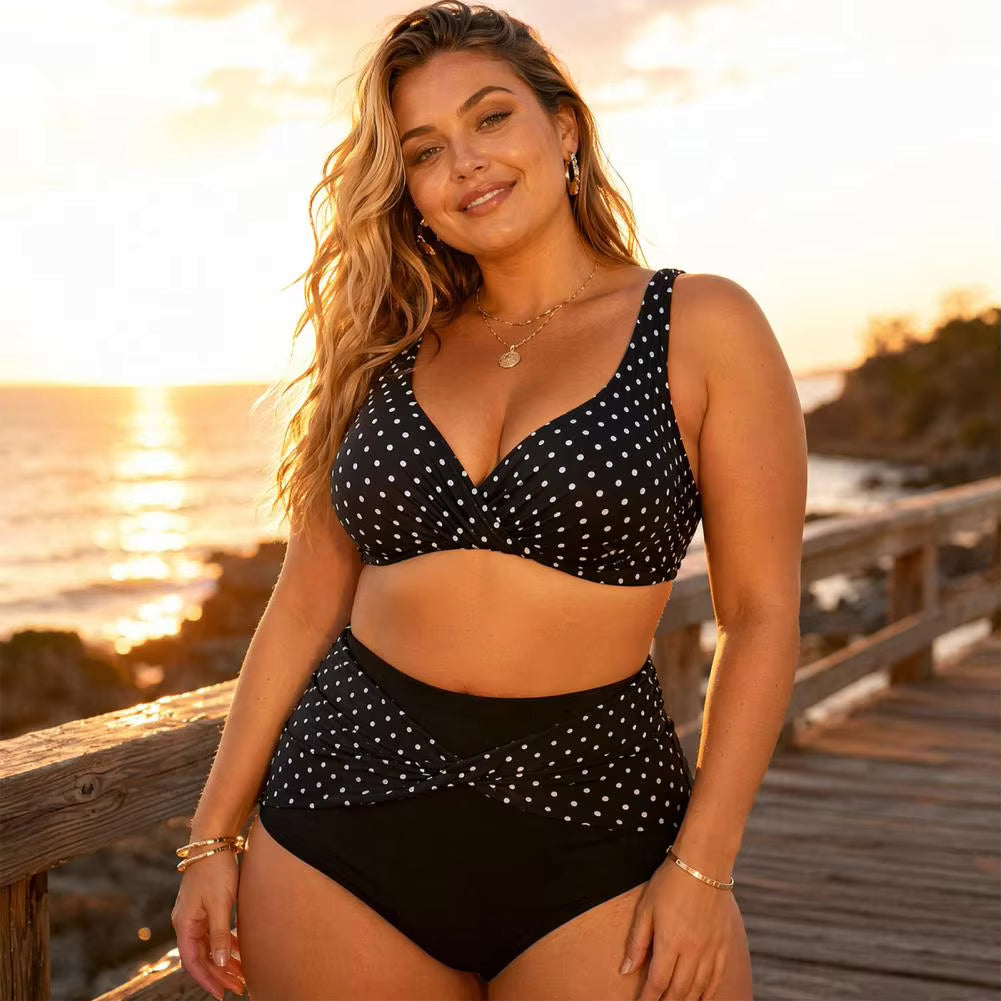 Plus Size Retro Dot Bikini Set | Cross-Chest V-Neck with Built-In Support & High Waist Bottoms
