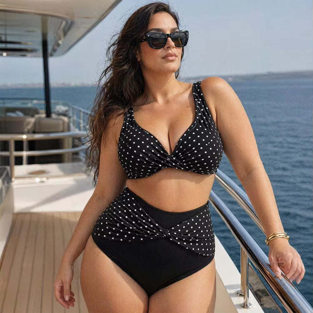 Plus Size Retro Dot Bikini Set | Cross-Chest V-Neck with Built-In Support & High Waist Bottoms