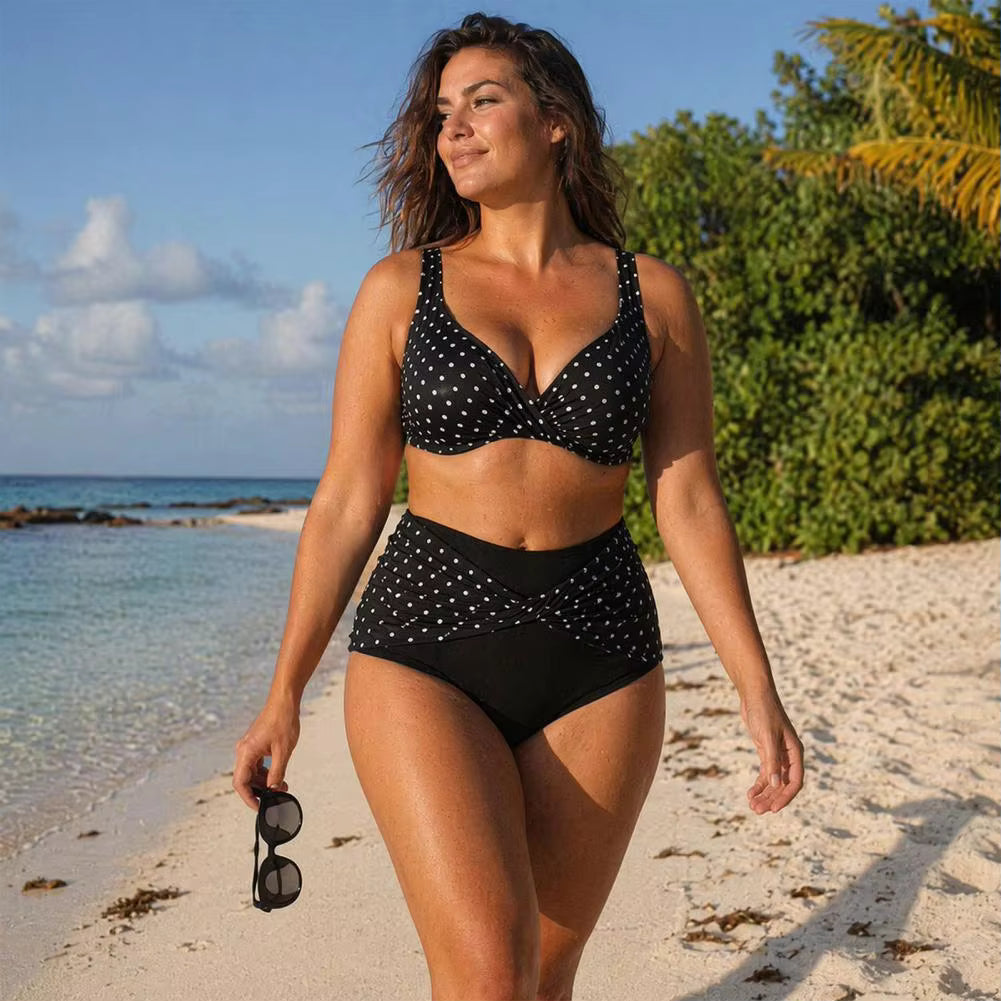 Plus Size Retro Dot Bikini Set | Cross-Chest V-Neck with Built-In Support & High Waist Bottoms