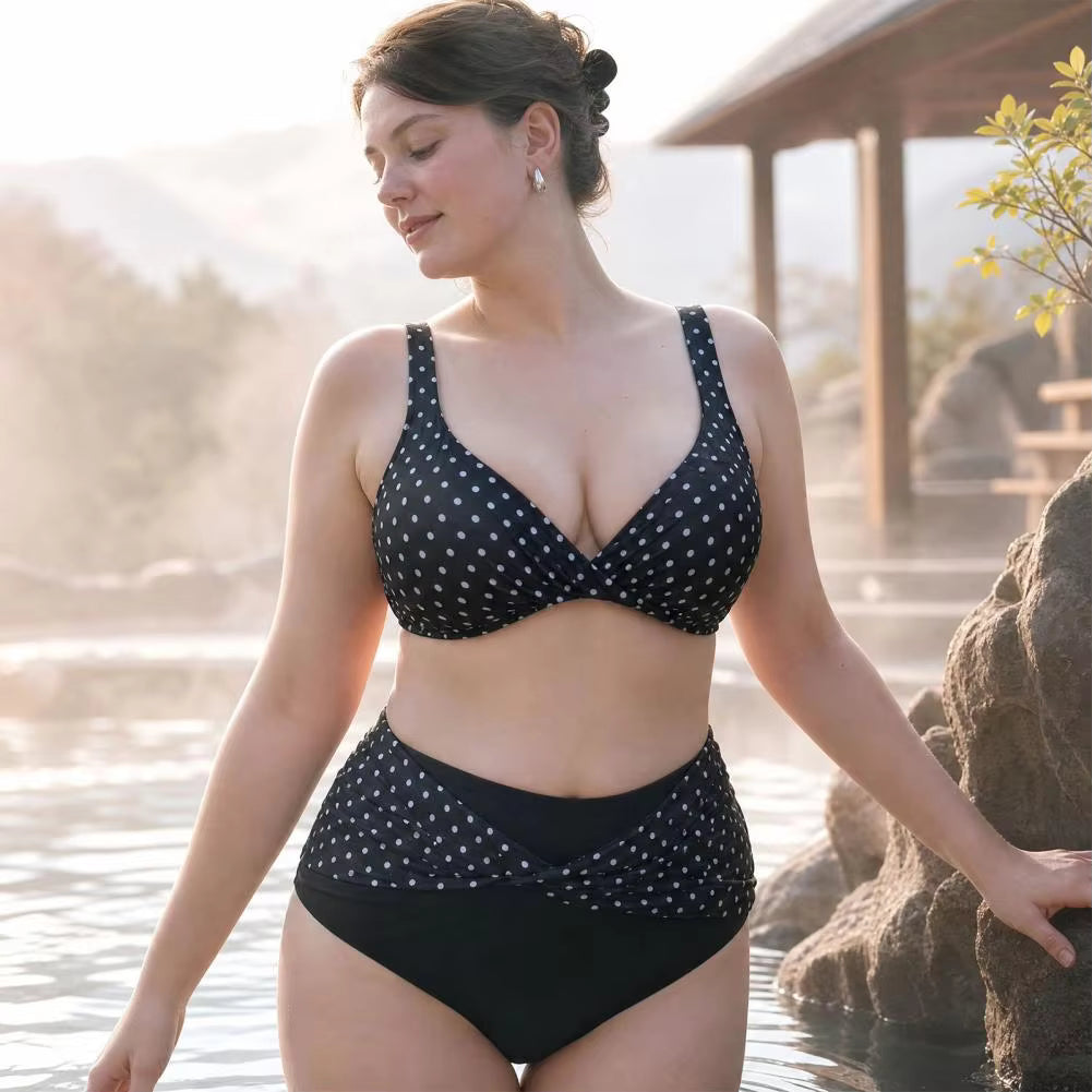 Plus Size Retro Dot Bikini Set | Cross-Chest V-Neck with Built-In Support & High Waist Bottoms