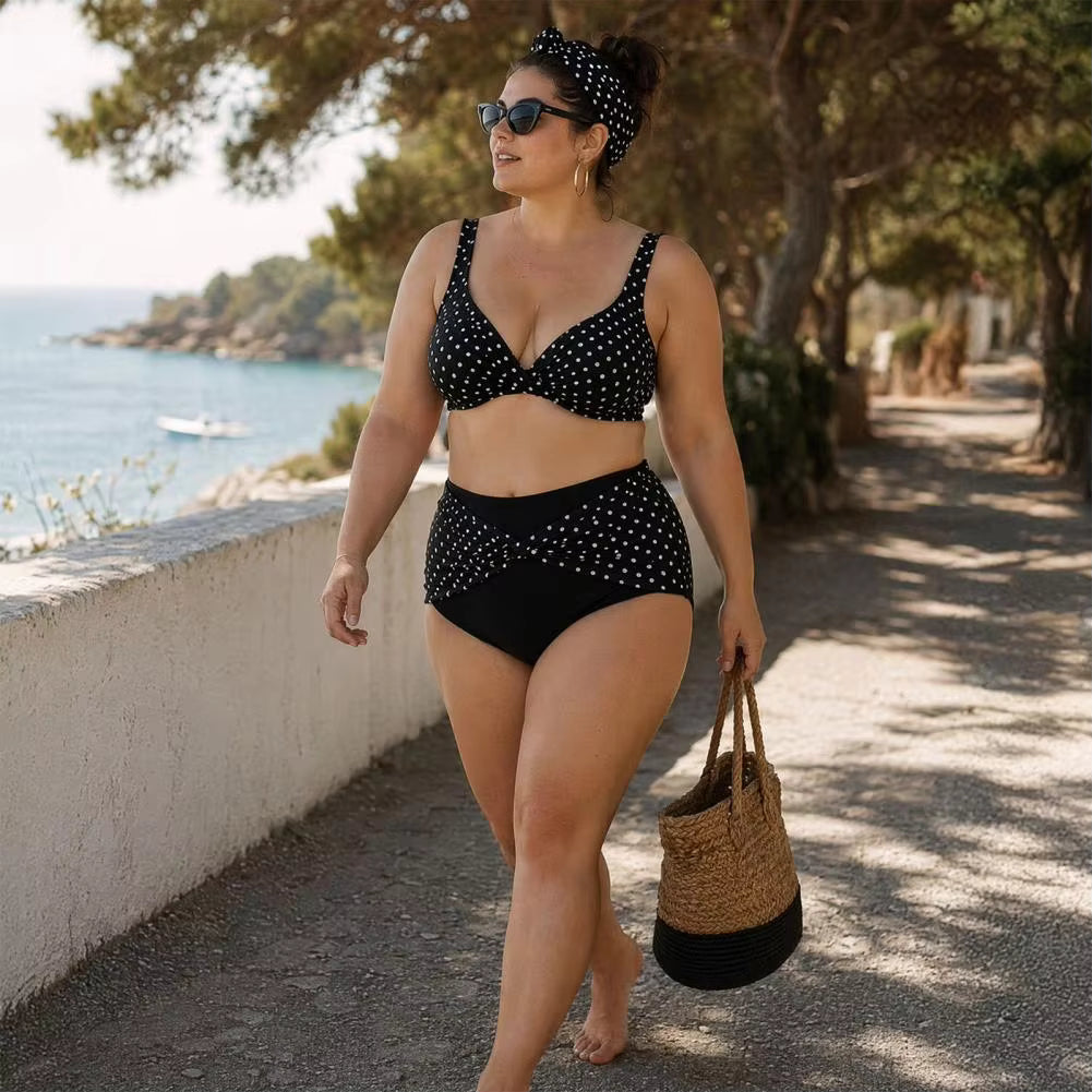 Plus Size Retro Dot Bikini Set | Cross-Chest V-Neck with Built-In Support & High Waist Bottoms