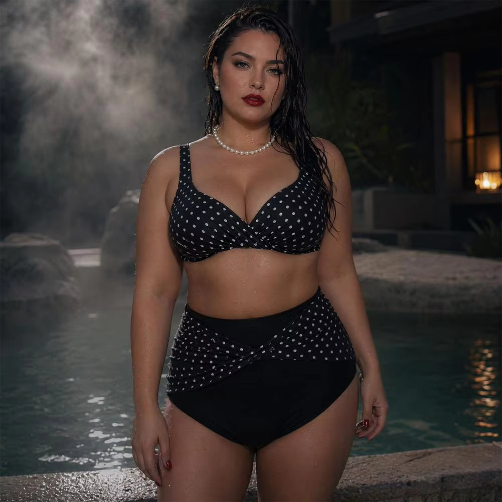 Plus Size Retro Dot Bikini Set | Cross-Chest V-Neck with Built-In Support & High Waist Bottoms