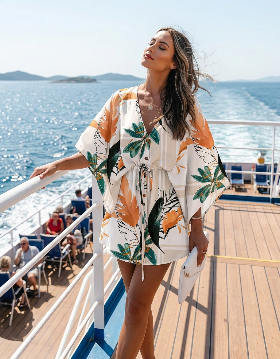 Women's Floral Print Batwing Sleeve Dress | V-Neck Ruffle Hem Boho Summer