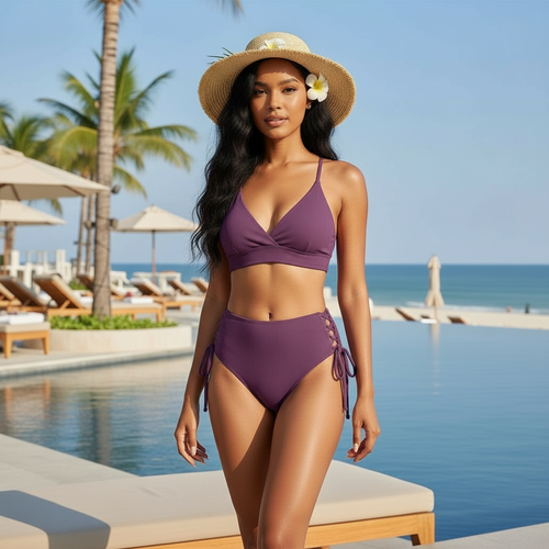 CIKINI Women's V-Neck Lace Up Bikini Set | Solid Color Triangle Swimwear