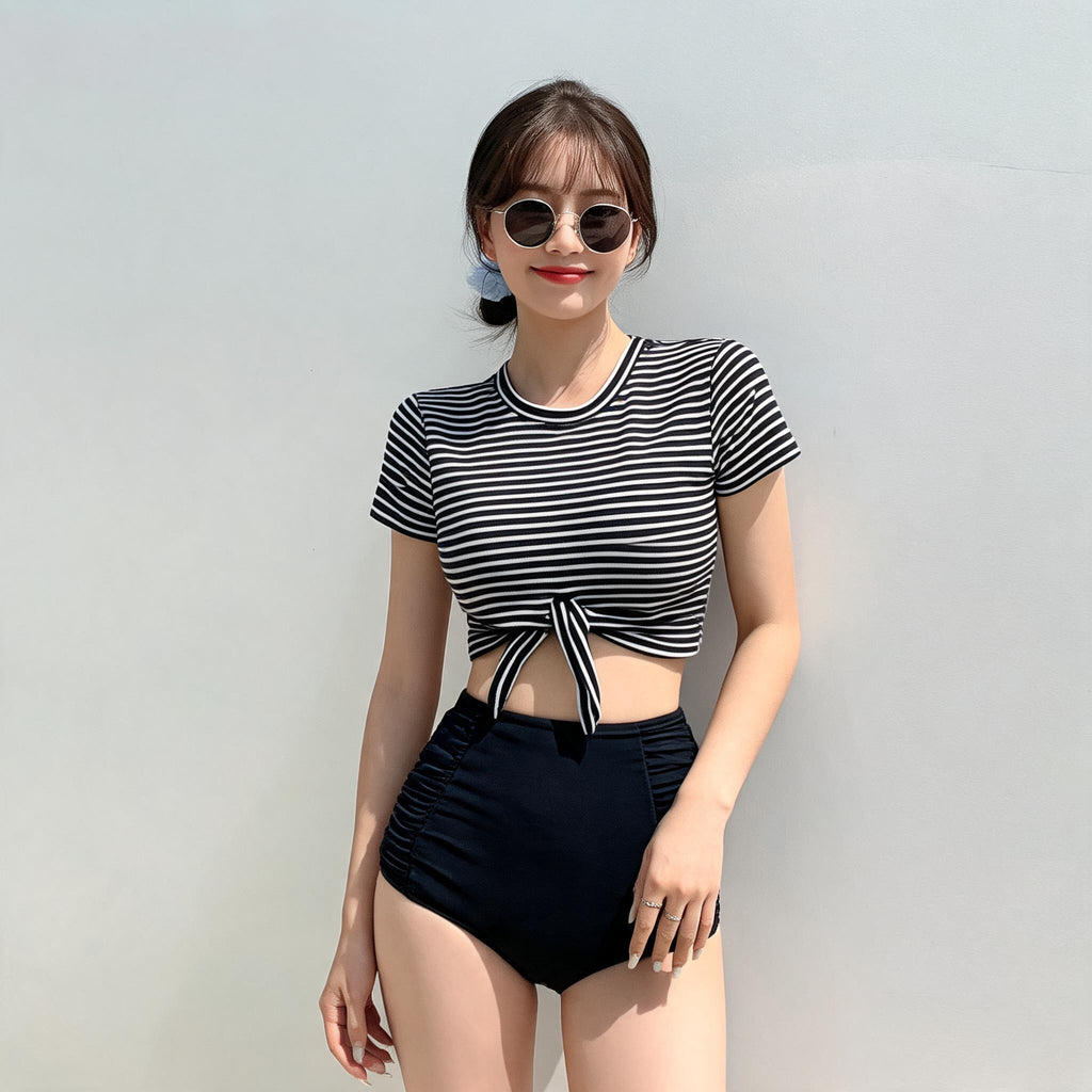 Women's Black and White Striped Bikini Set | High Waist Slimming Swimwear with Strapless Top