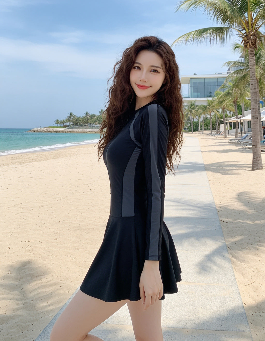 Women's Long Sleeve Swimsuit Dress | Tummy Control Conservative One-Piece Swimwear