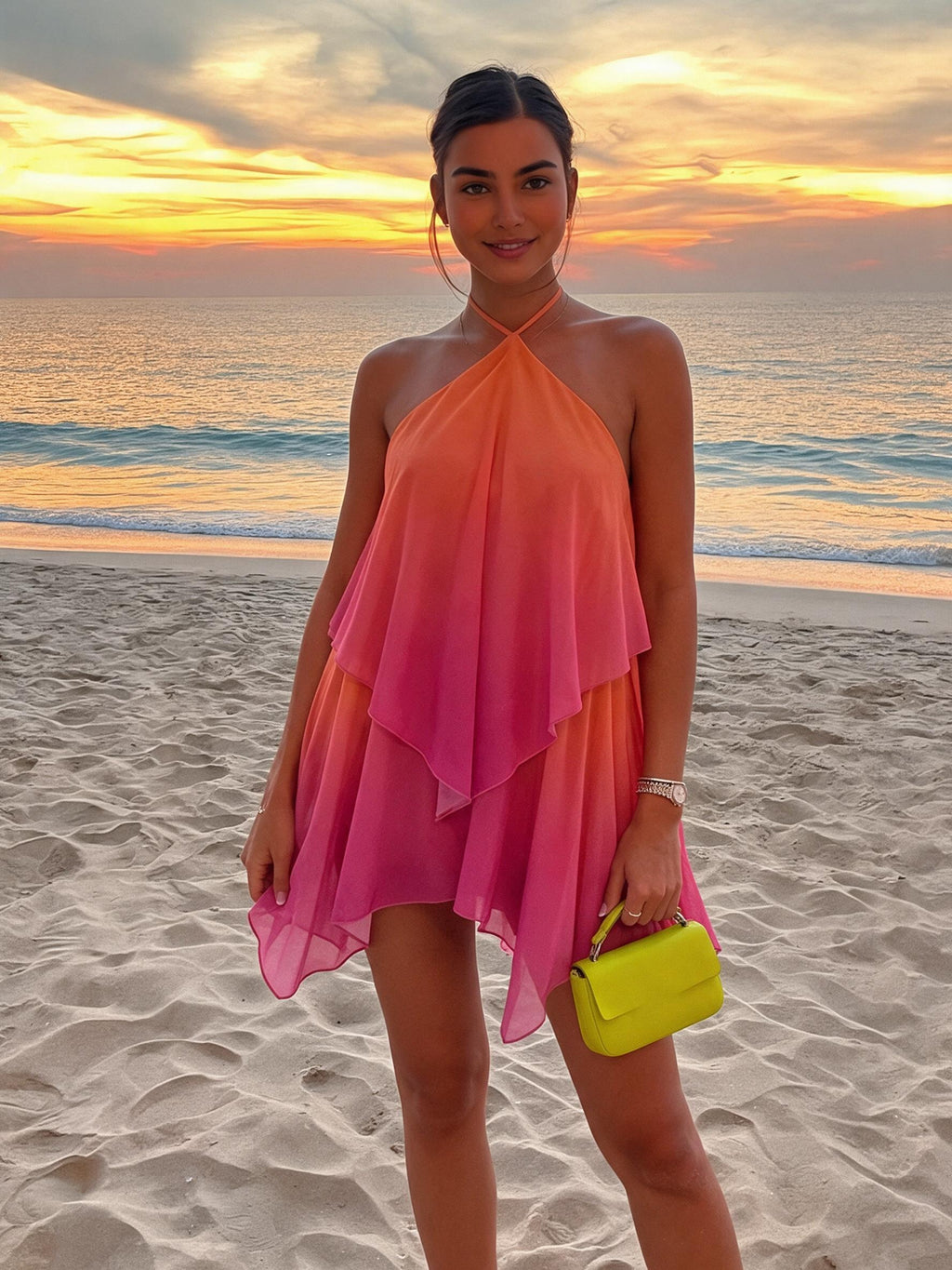Kliou Women's Gradient Halter Mini Dress | Backless Bodycon Beach Party Dress