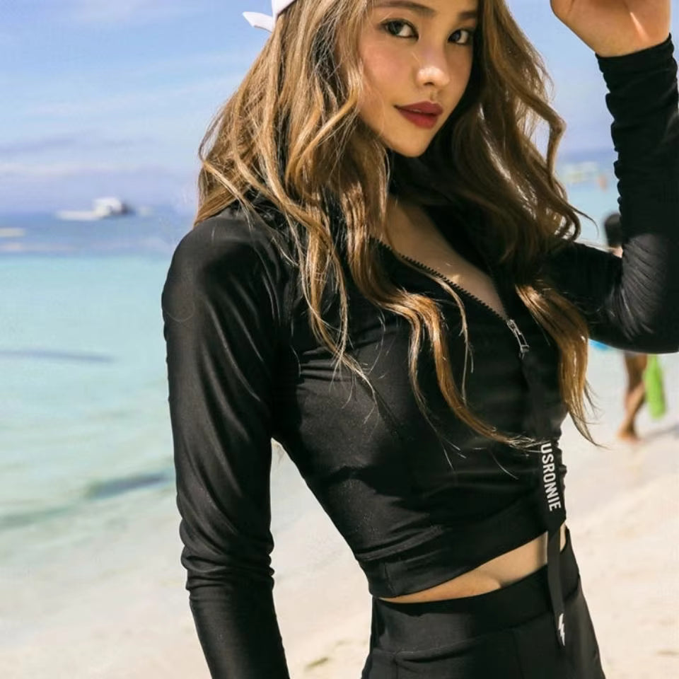 Women's Zippered One Piece Swimsuit | Korean Style Slimming Conservative Swimwear