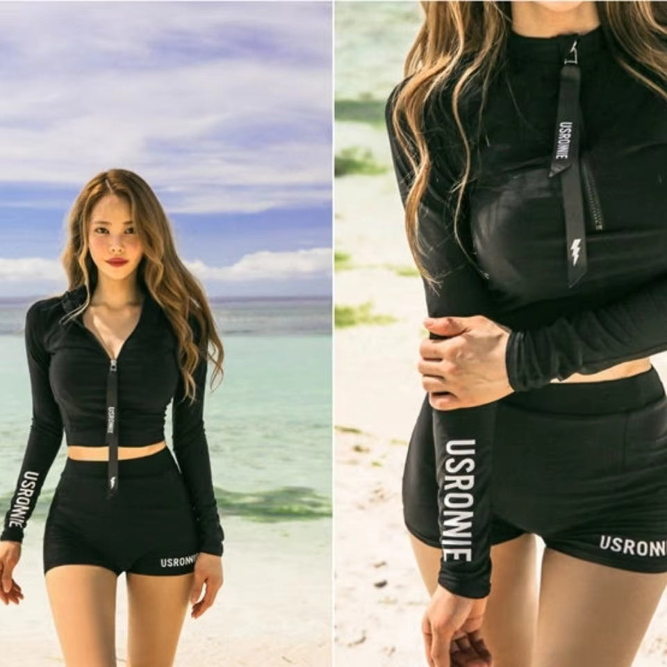 Women's Zippered One Piece Swimsuit | Korean Style Slimming Conservative Swimwear