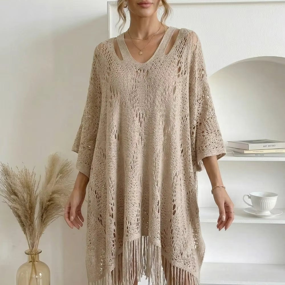 Women's Crochet Beach Shawl | Bohemian Tassel Sun Protection Cover Up