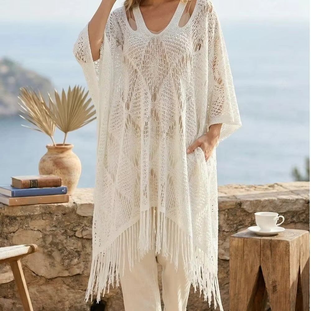 Women's Crochet Beach Shawl | Bohemian Tassel Sun Protection Cover Up