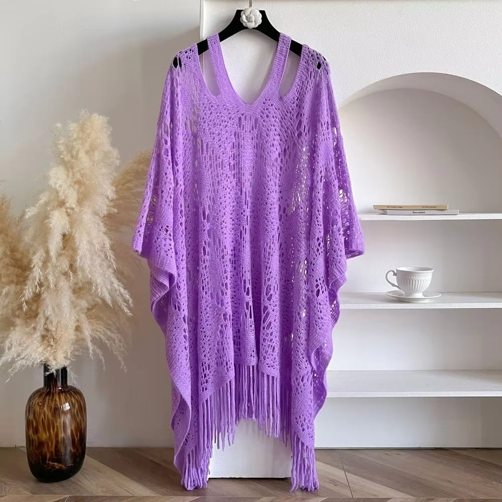 Women's Crochet Beach Shawl | Bohemian Tassel Sun Protection Cover Up