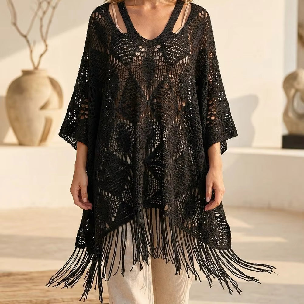 Women's Crochet Beach Shawl | Bohemian Tassel Sun Protection Cover Up