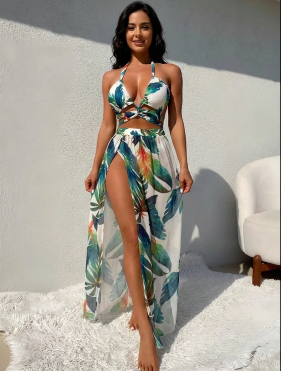 Sexy 3 Piece Halter Bikini Set with Beach Dress - Bandage Swimsuit for Women