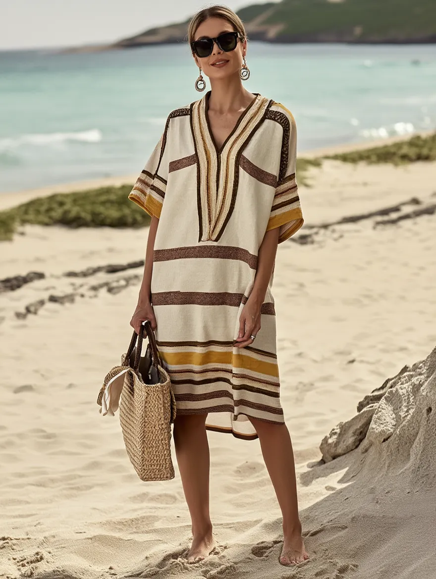 Casual Striped Midi Dress - Half Sleeve V-Neck Loose Spring Summer Dress for Women