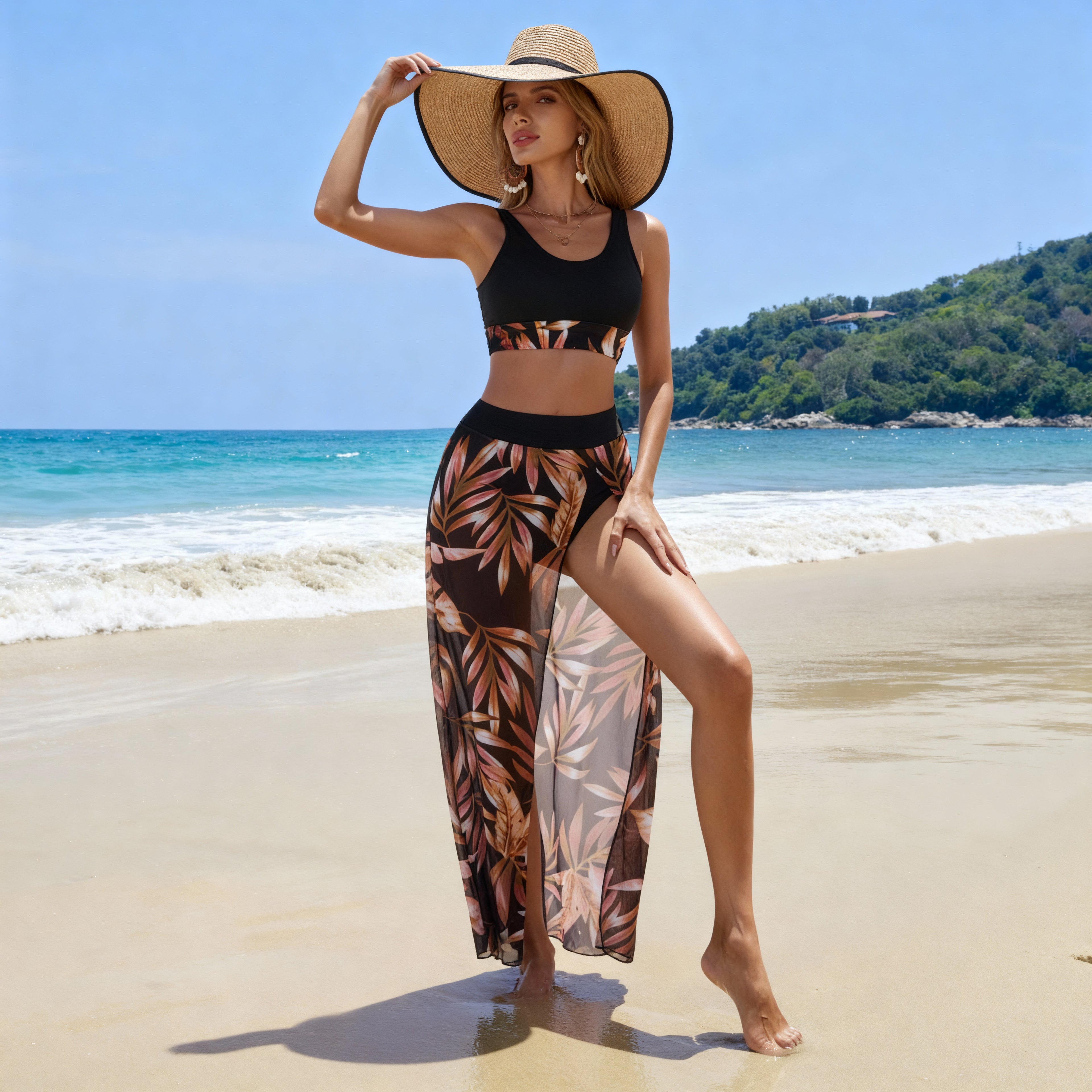 Print 3 Piece Bikini Set with Long Skirt - Women's Vent Swimsuit for Beach & Swimming
