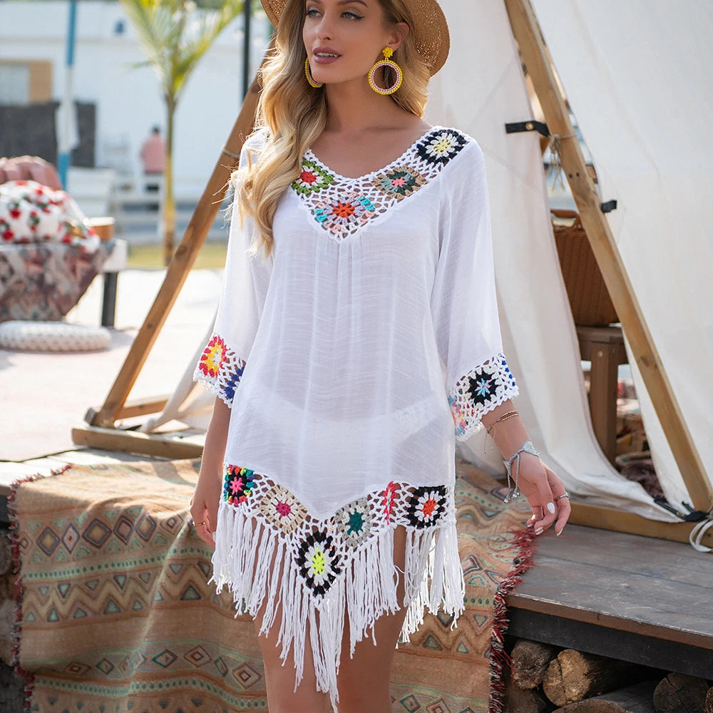 White Crochet Bikini Cover Up | Fringe Trim Tunic Beach Dress for Women