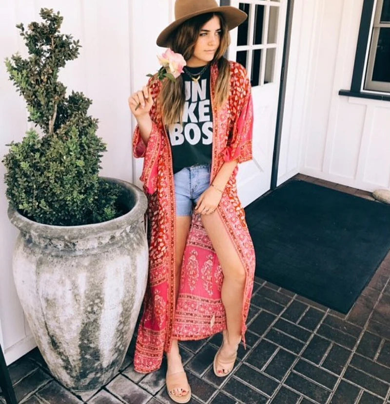 TEELYNN Women's Chiffon Floral Kimono | Long Sleeve Boho Beach Cover Up