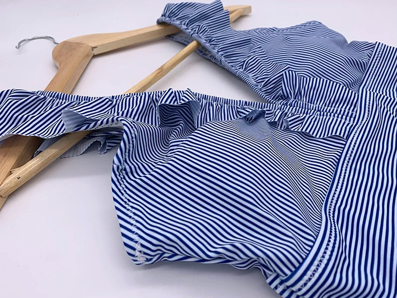 Women's Striped Ruffle One Piece Swimsuit | Vintage Print Monokini Beachwear