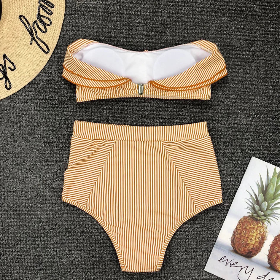 ZerZerOne Women's Striped Ruffle Bikini Set | High Waist Bandeau Push Up Swimwear