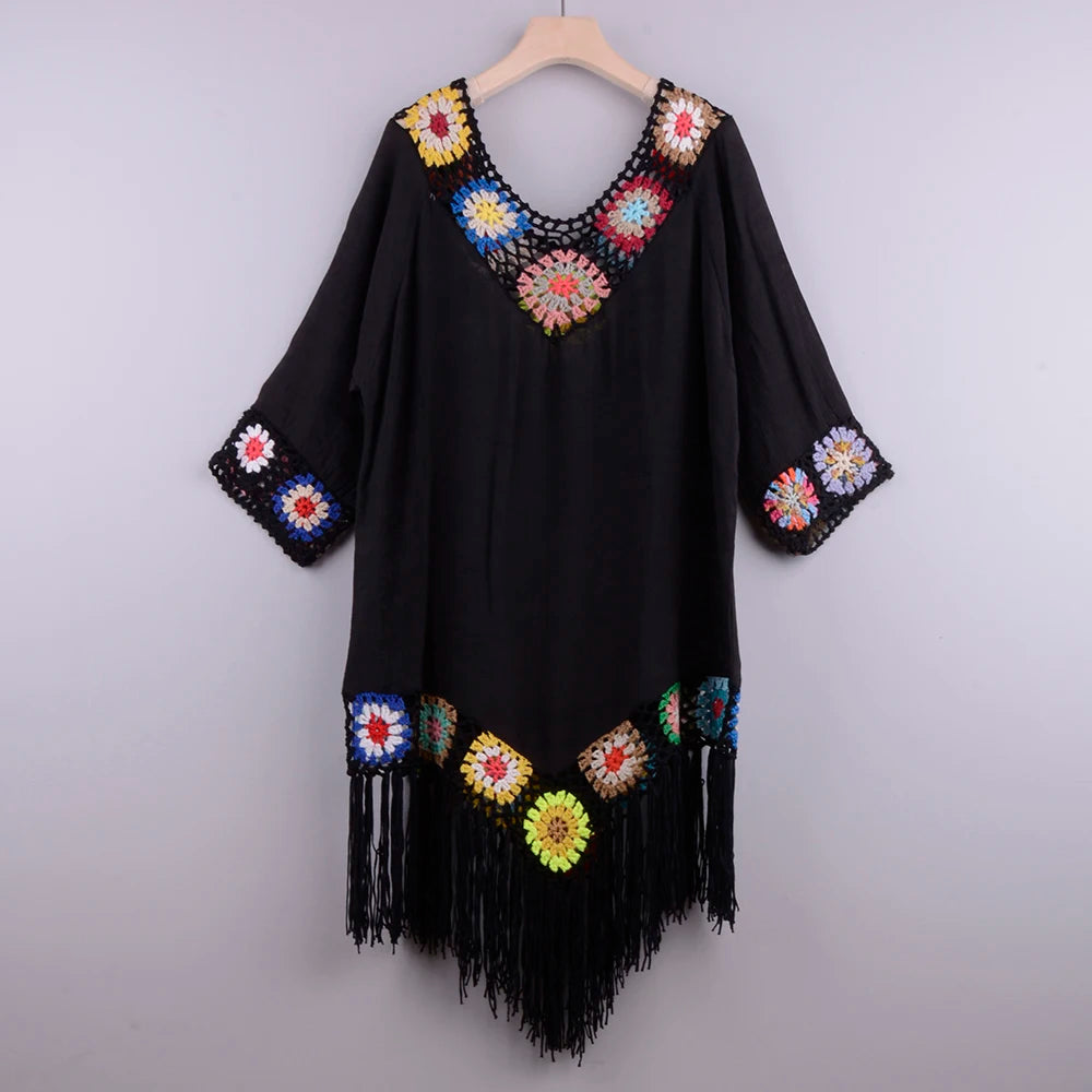 White Crochet Bikini Cover Up | Fringe Trim Tunic Beach Dress for Women
