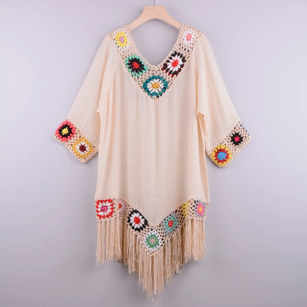White Crochet Bikini Cover Up | Fringe Trim Tunic Beach Dress for Women