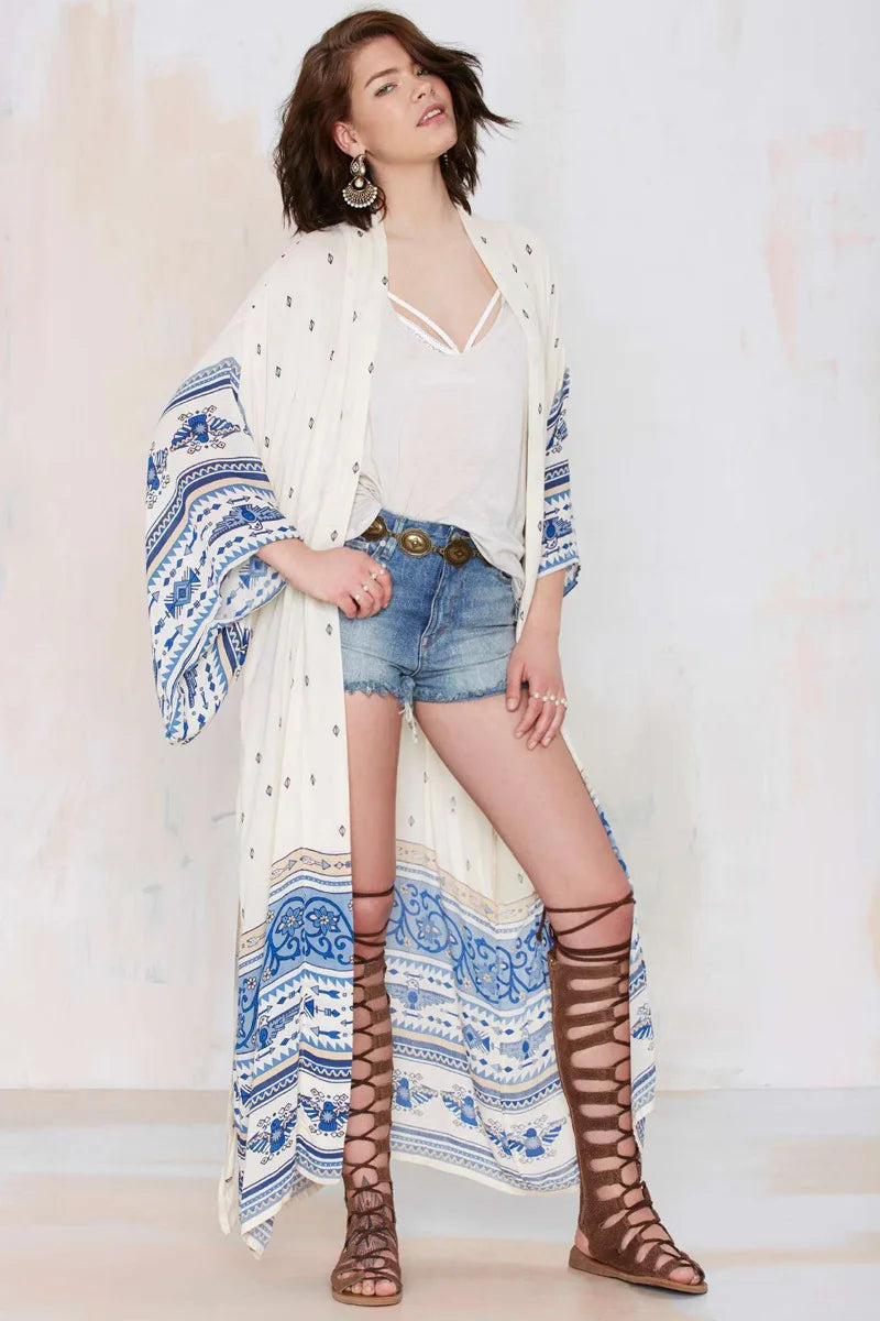 TEELYNN Women's Chiffon Floral Kimono | Long Sleeve Boho Beach Cover Up