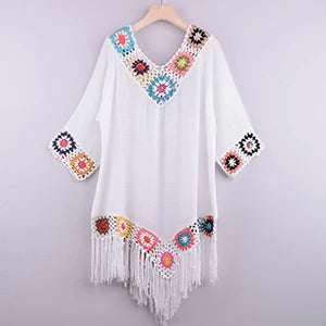White Crochet Bikini Cover Up | Fringe Trim Tunic Beach Dress for Women