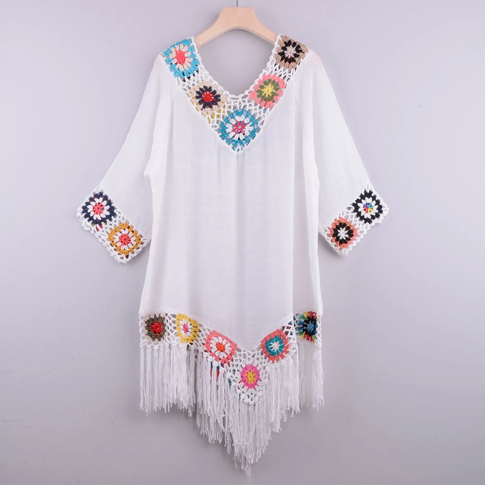 White Crochet Bikini Cover Up | Fringe Trim Tunic Beach Dress for Women