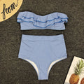 ZerZerOne Women's Striped Ruffle Bikini Set | High Waist Bandeau Push Up Swimwear