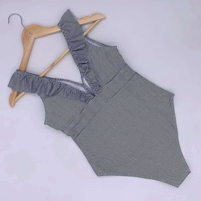 Women's Striped Ruffle One Piece Swimsuit | Vintage Print Monokini Beachwear
