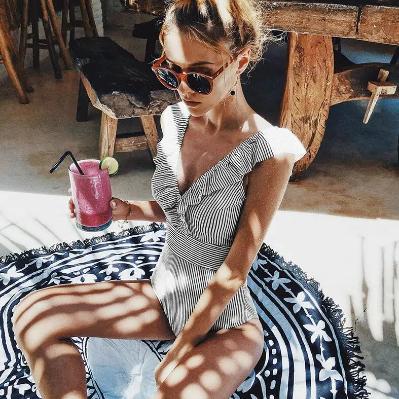 Women's Striped Ruffle One Piece Swimsuit | Vintage Print Monokini Beachwear