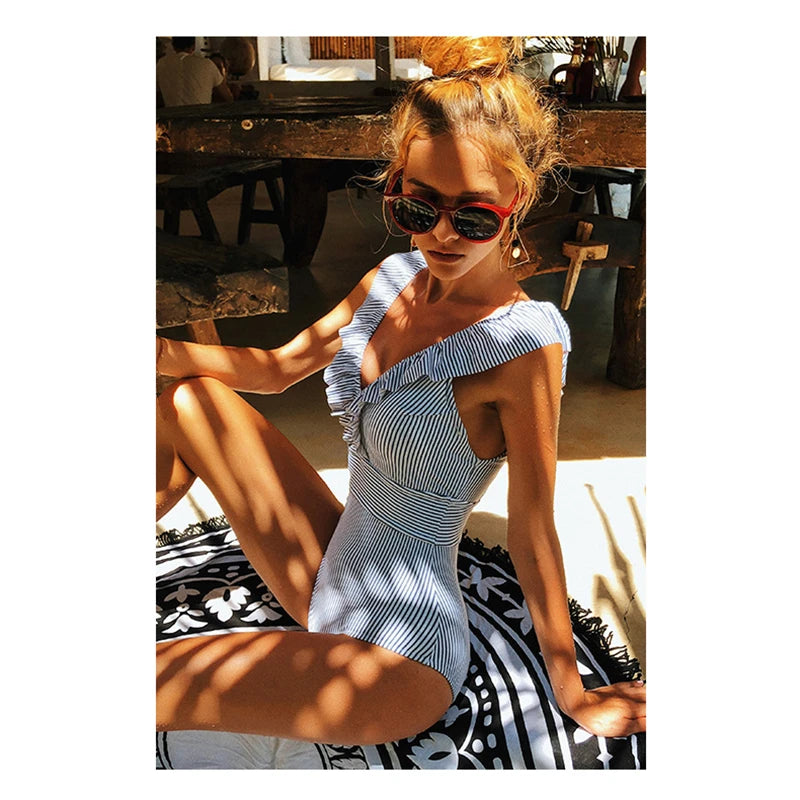 Women's Striped Ruffle One Piece Swimsuit | Vintage Print Monokini Beachwear