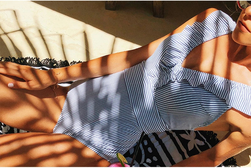 Women's Striped Ruffle One Piece Swimsuit | Vintage Print Monokini Beachwear