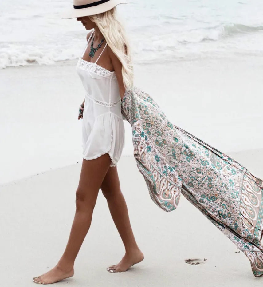 TEELYNN Women's Chiffon Floral Kimono | Long Sleeve Boho Beach Cover Up