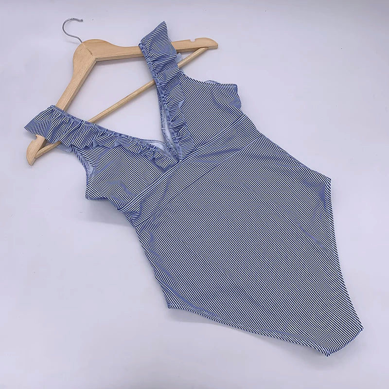 Women's Striped Ruffle One Piece Swimsuit | Vintage Print Monokini Beachwear