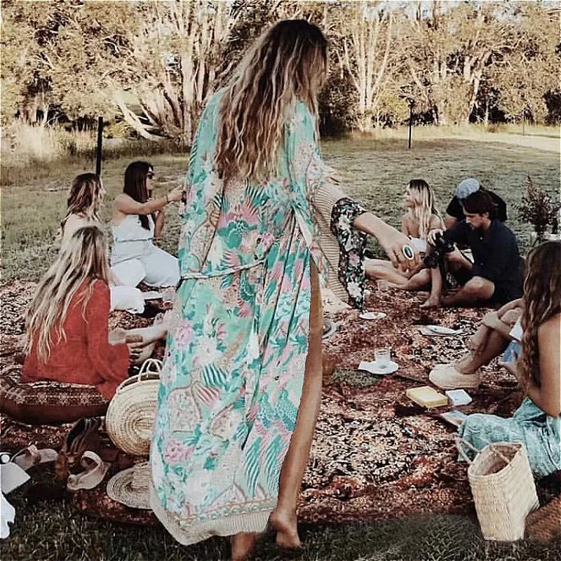 TEELYNN Women's Chiffon Floral Kimono | Long Sleeve Boho Beach Cover Up