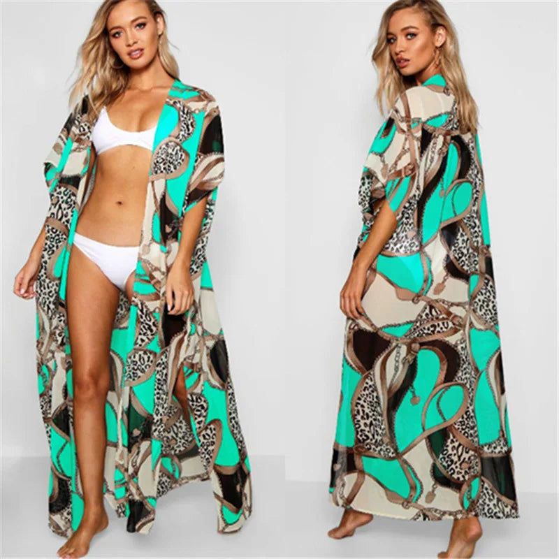 TEELYNN Women's Chiffon Floral Kimono | Long Sleeve Boho Beach Cover Up