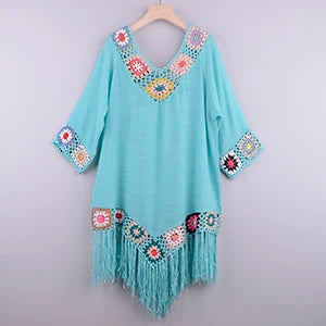 White Crochet Bikini Cover Up | Fringe Trim Tunic Beach Dress for Women