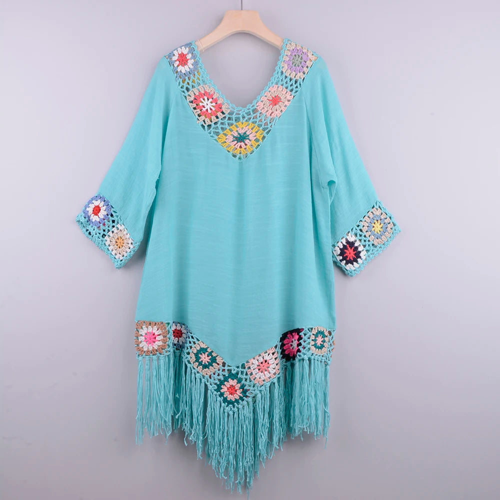 White Crochet Bikini Cover Up | Fringe Trim Tunic Beach Dress for Women