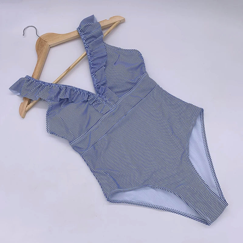 Women's Striped Ruffle One Piece Swimsuit | Vintage Print Monokini Beachwear