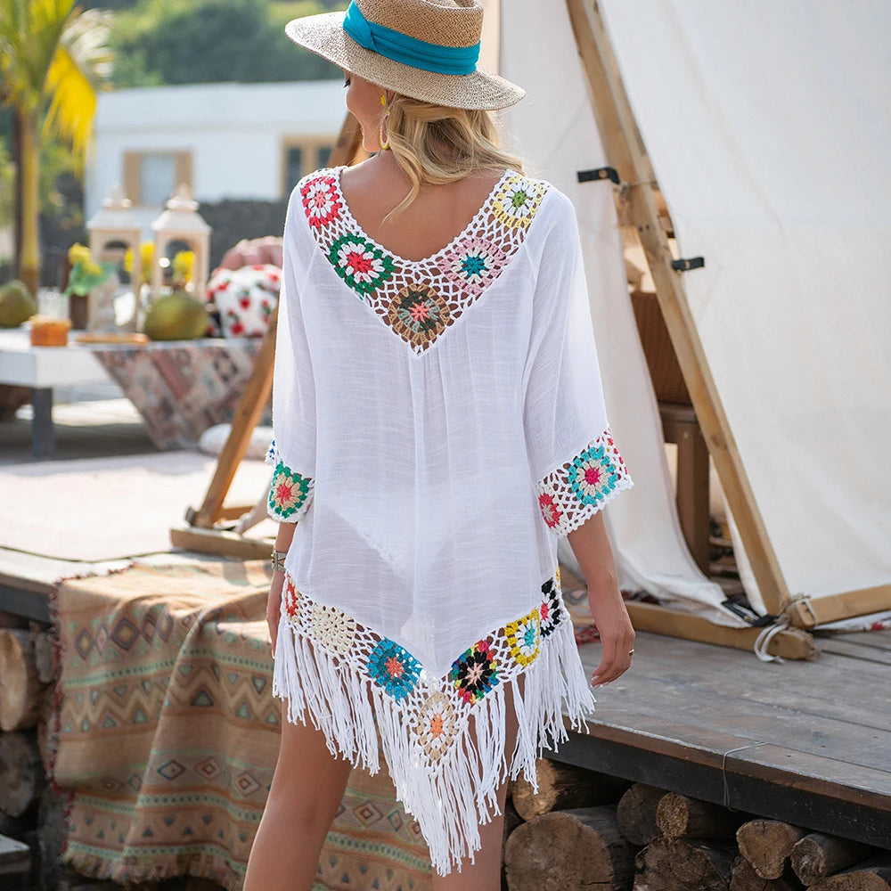 White Crochet Bikini Cover Up | Fringe Trim Tunic Beach Dress for Women