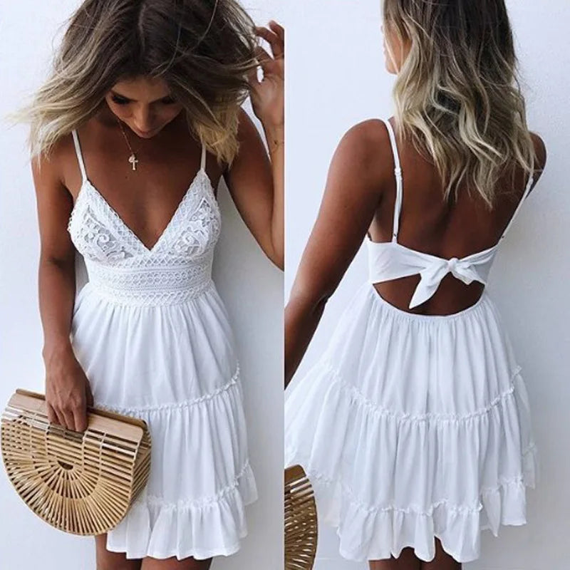 Women's White Lace V-Neck Mini Dress | Spaghetti Strap Boho Beach Party Dress
