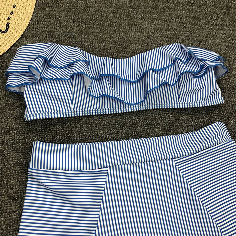 ZerZerOne Women's Striped Ruffle Bikini Set | High Waist Bandeau Push Up Swimwear