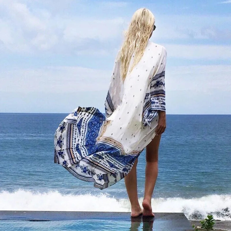 TEELYNN Women's Chiffon Floral Kimono | Long Sleeve Boho Beach Cover Up